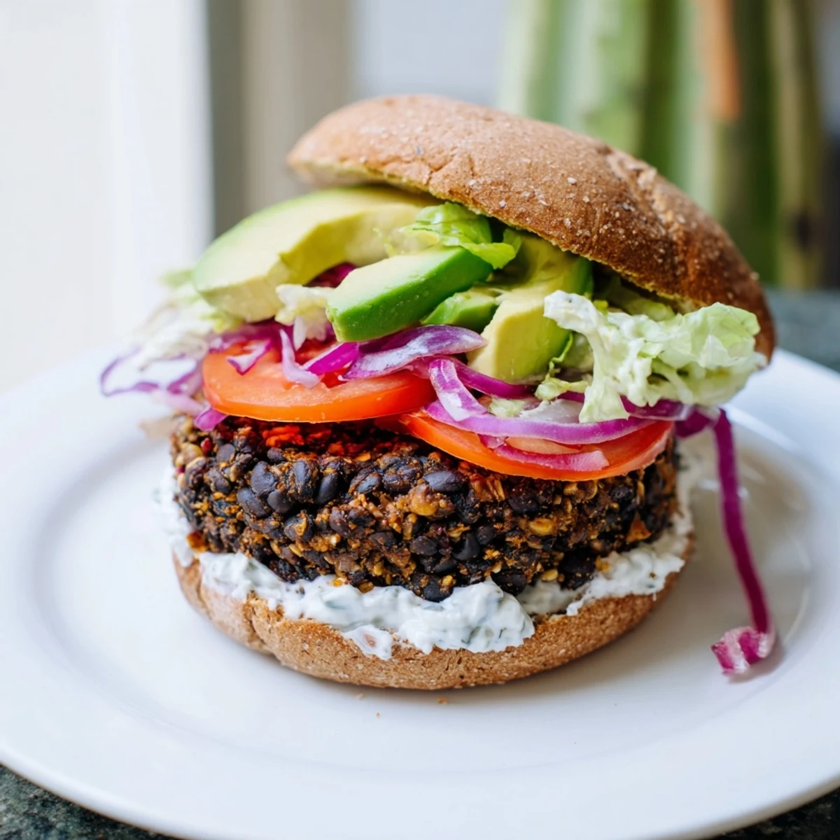 Golden-brown Zesty Weeknight Black Bean Burgers, served on toasted buns with a flavorful yogurt sauce.