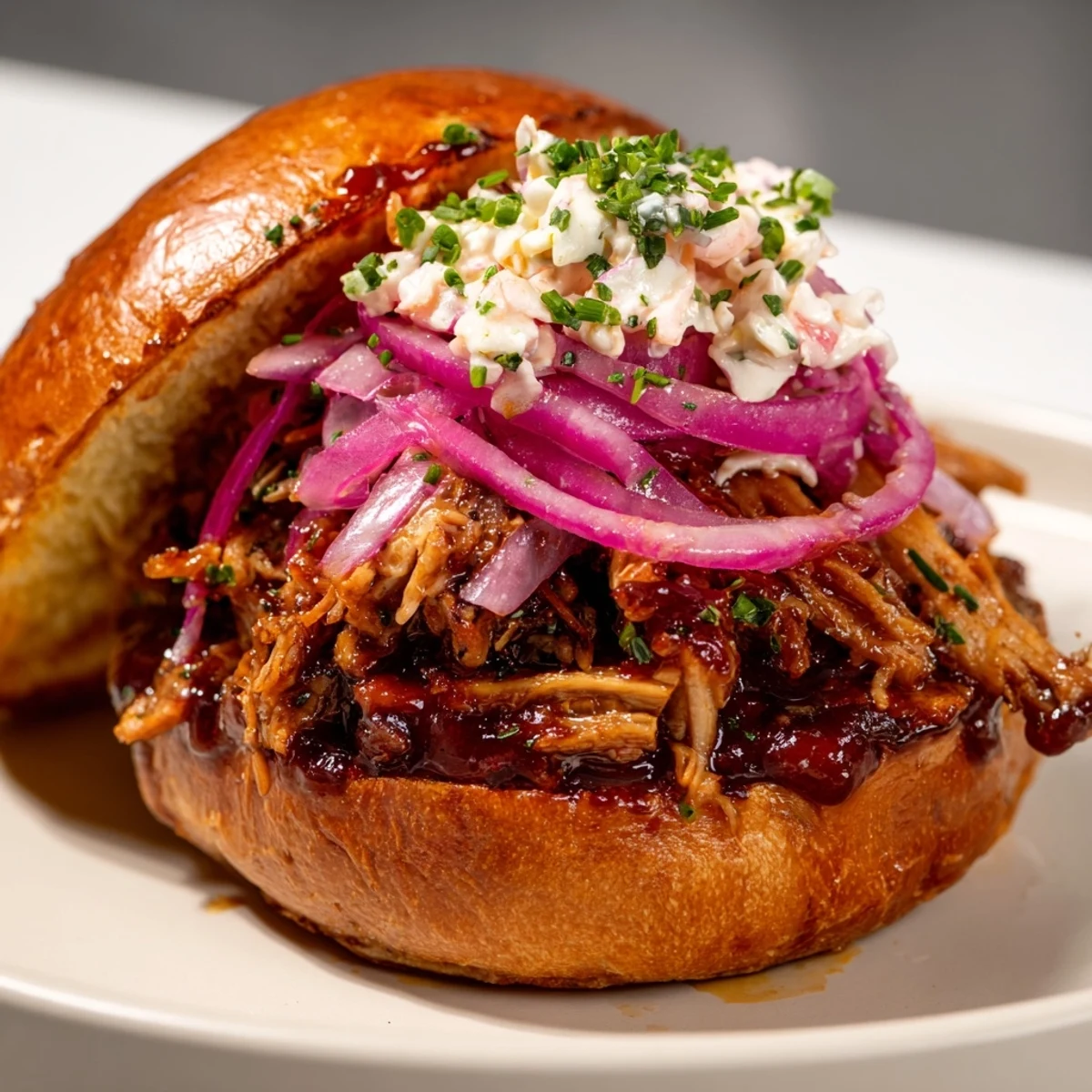 Fire-Kissed BBQ pulled pork sandwich with smoky, tender meat on a toasted bun, ready to enjoy.