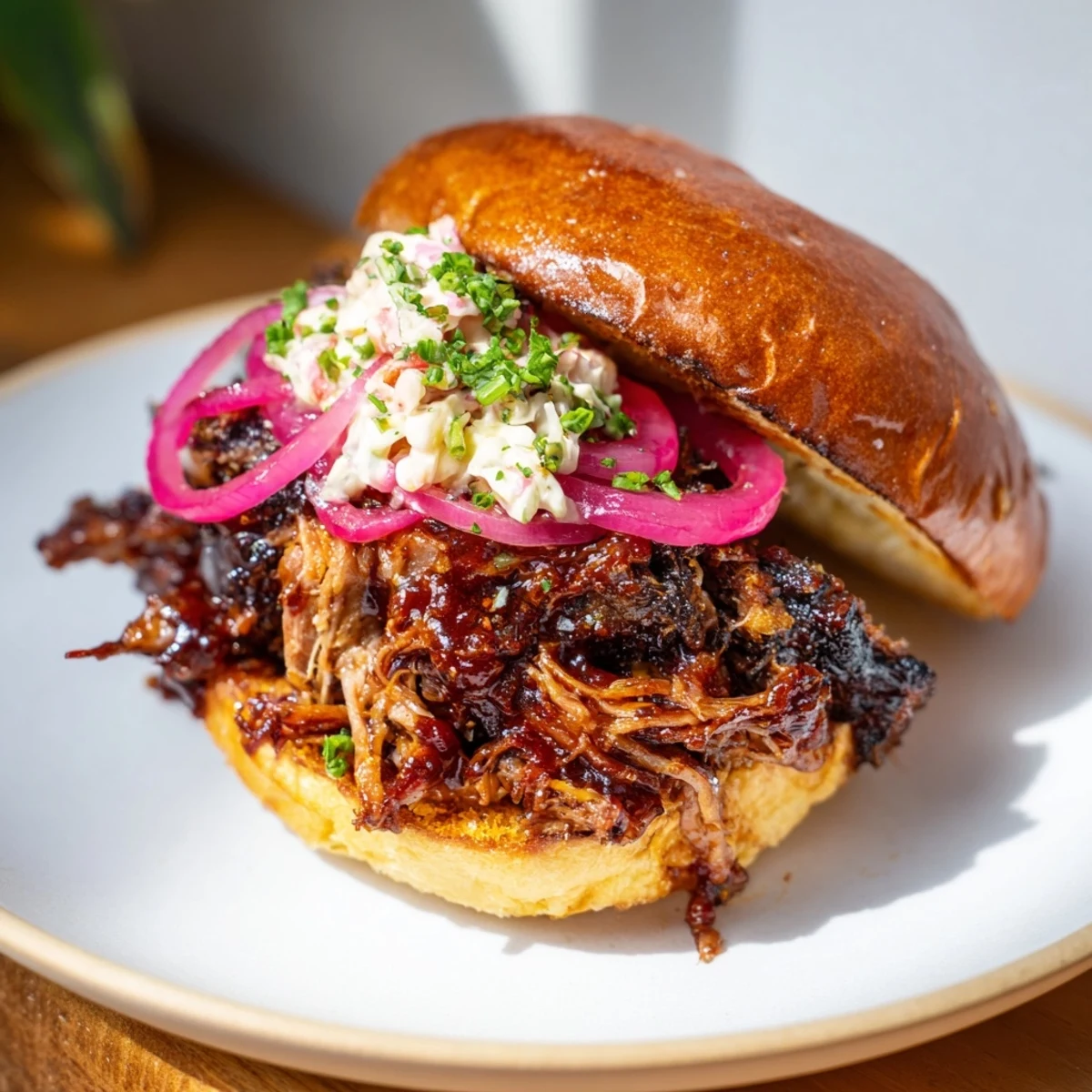 Juicy Fire-Kissed BBQ pulled pork piled high on a toasted bun, with charred edges and flavorful BBQ sauce.