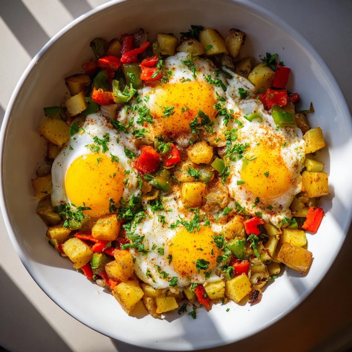 Freshly cooked Simple Skillet Egg and Potato Hash, with vibrant bell peppers and savory, seasoned potatoes.