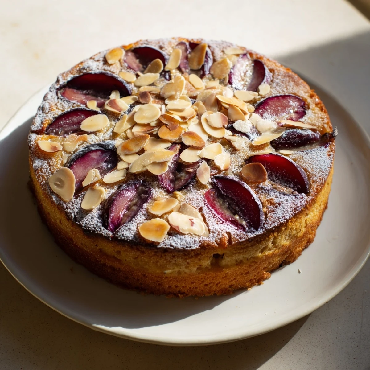 A close-up of the moist Soft Sweet Plum-Infused Almond Cake, showcasing the caramelized plums and crumb topping.