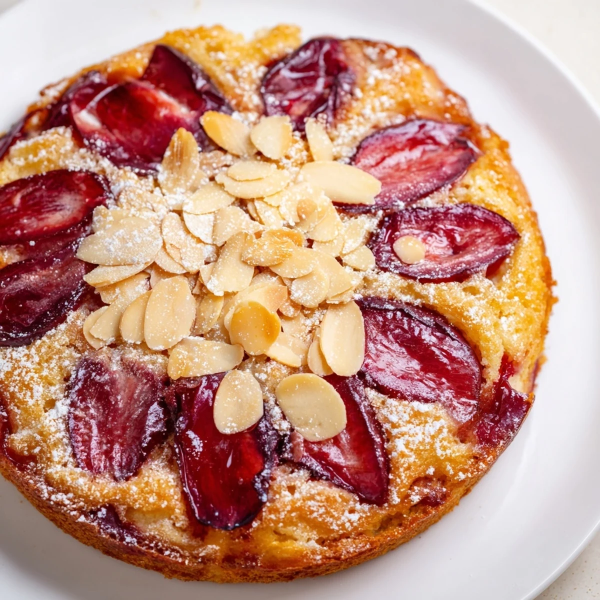 Warm, golden, freshly baked Soft Sweet Plum-Infused Almond Cake, ready to be sliced and enjoyed.