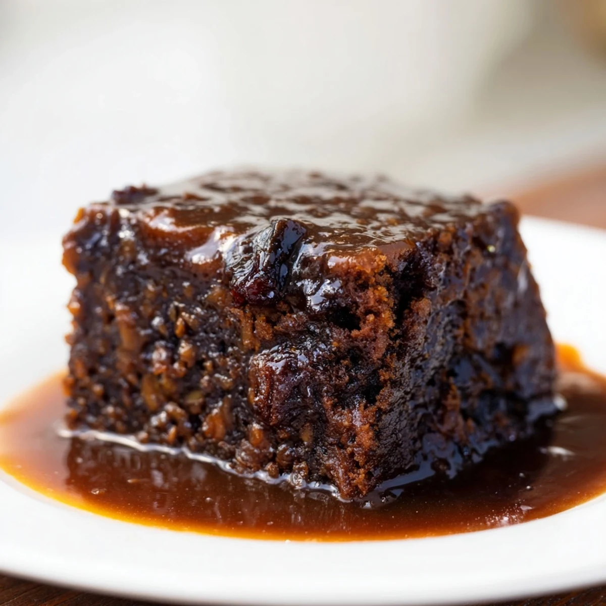 Warm Weekend Cabin-Style Sticky Toffee Pudding drizzled with glistening, rich toffee sauce.