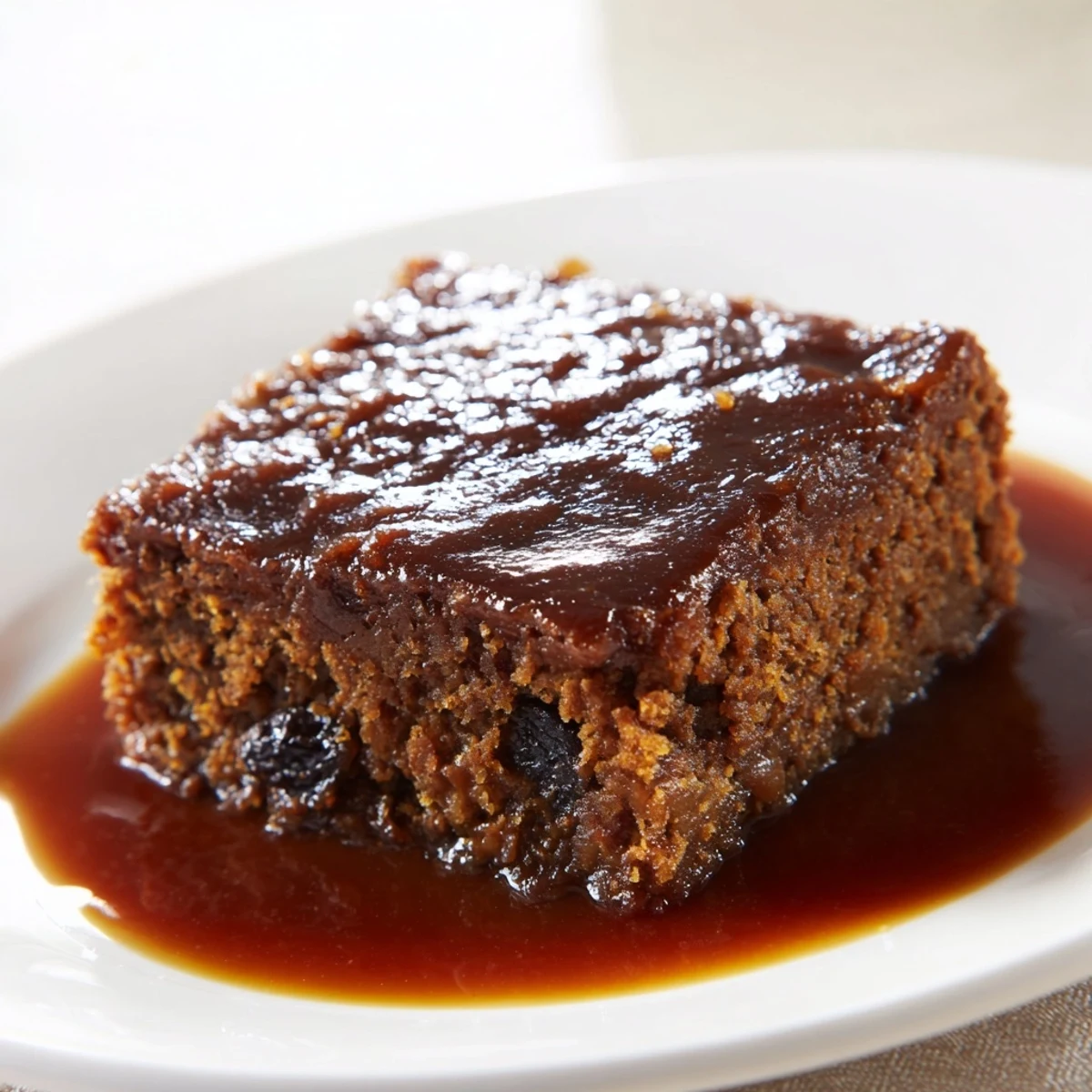 Plated Weekend Cabin-Style Sticky Toffee Pudding, a classic dessert with a generous pour of warm, decadent sauce.