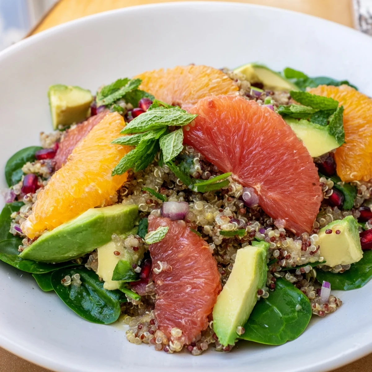 Bright, colorful close-up of a Fresh Citrus & Avocado Quinoa Bowl, overflowing with fresh ingredients.