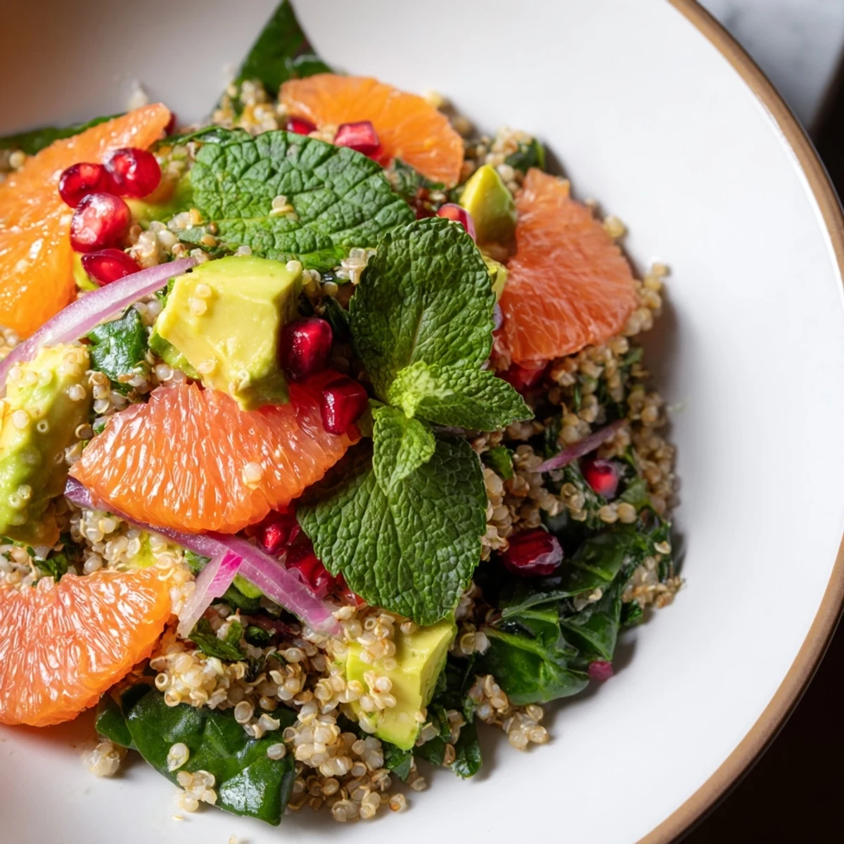 A gorgeous overhead shot displaying this Fresh Citrus & Avocado Quinoa Bowl's colorful, healthy ingredients ready to enjoy.