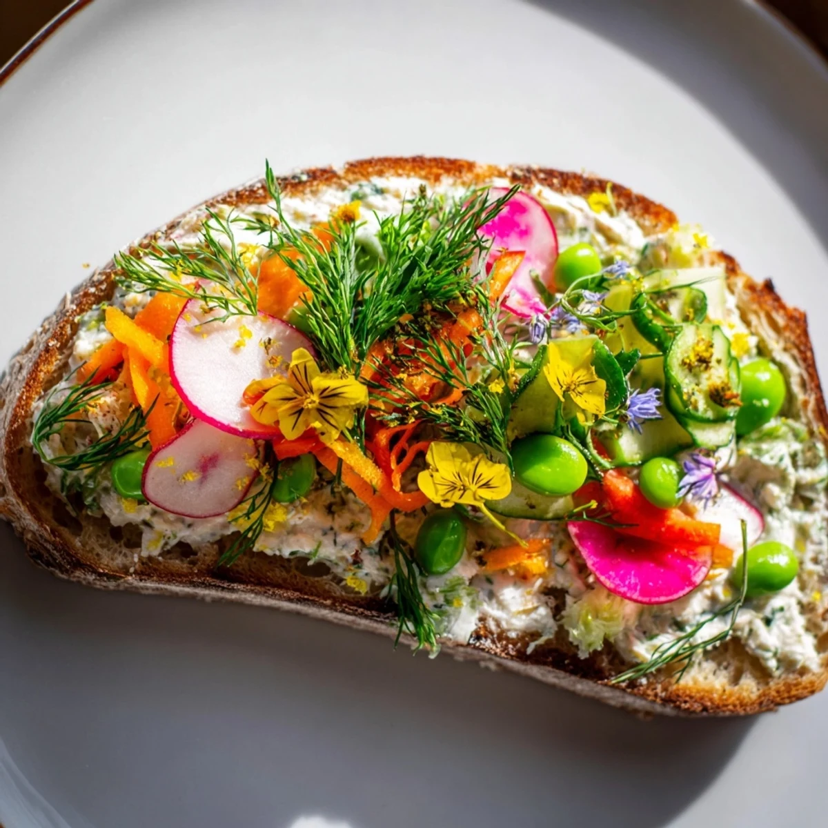 Fresh Meadow-Inspired Garden Vegetable Tartines with colorful, thinly sliced veggies and creamy cheese on toasted bread.