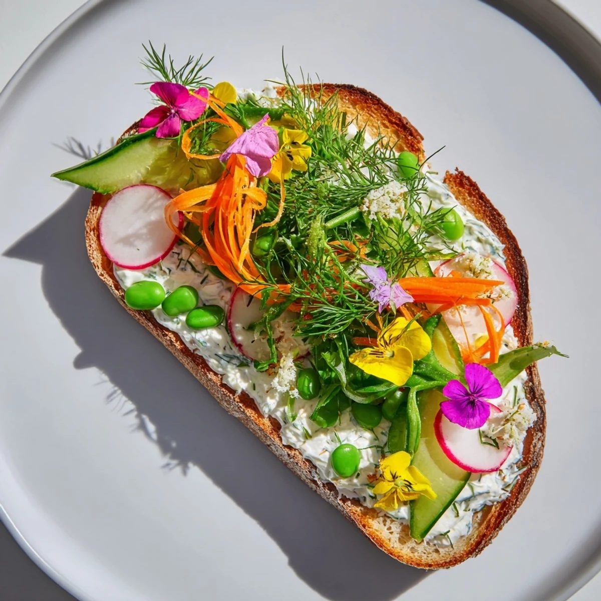 Vibrant Fresh Meadow-Inspired Garden Vegetable Tartines piled high with fresh vegetables, perfect for a light vegetarian lunch.