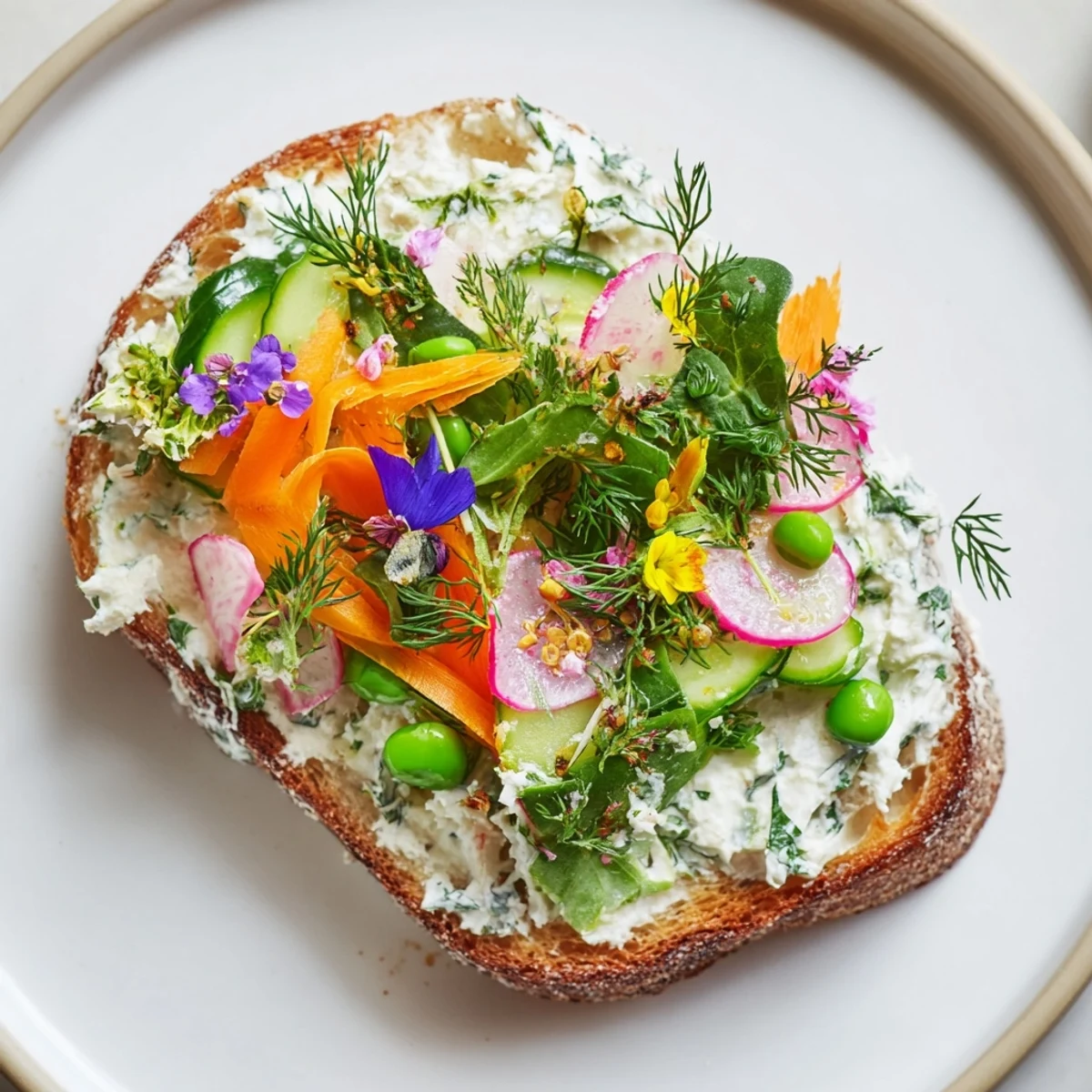 Close-up shot shows appetizing Fresh Meadow-Inspired Garden Vegetable Tartines, with herbed cheese and herbs, ready to serve.