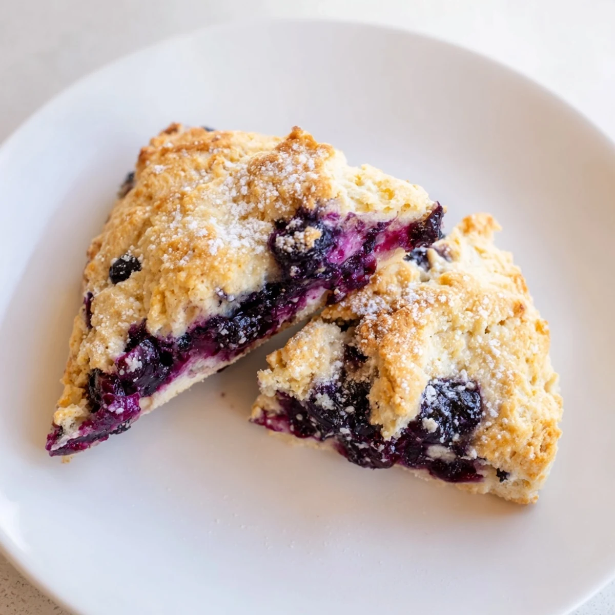 Close-up of baked Rustic Birch-Warm Blueberry Scones, showing their tender, fluffy texture sprinkled with coarse sugar.