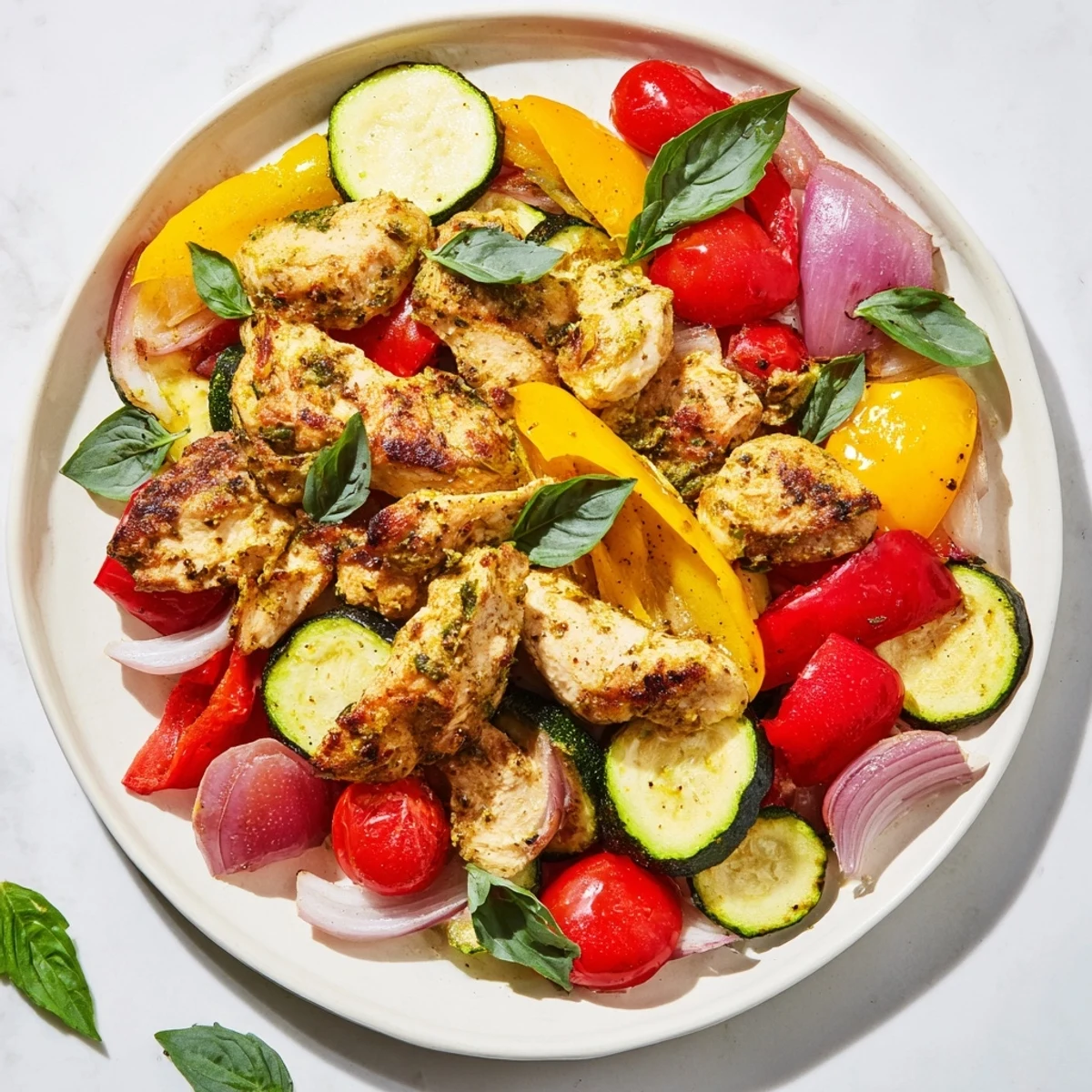 Tender Basil-Soft Chicken and Veggie Sheet Pan Dinner with roasted vegetables and juicy chicken glistening.