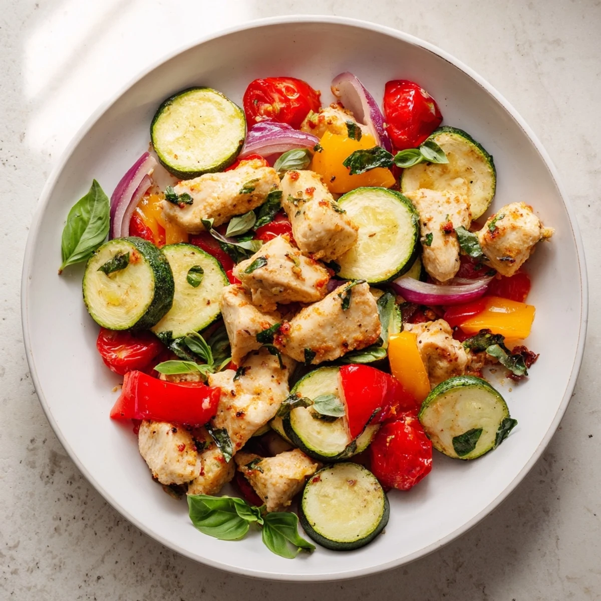 Enjoy a flavorful bite of Basil-Soft Chicken and Veggie Sheet Pan Dinner, a healthy one-pan meal, ready to serve!