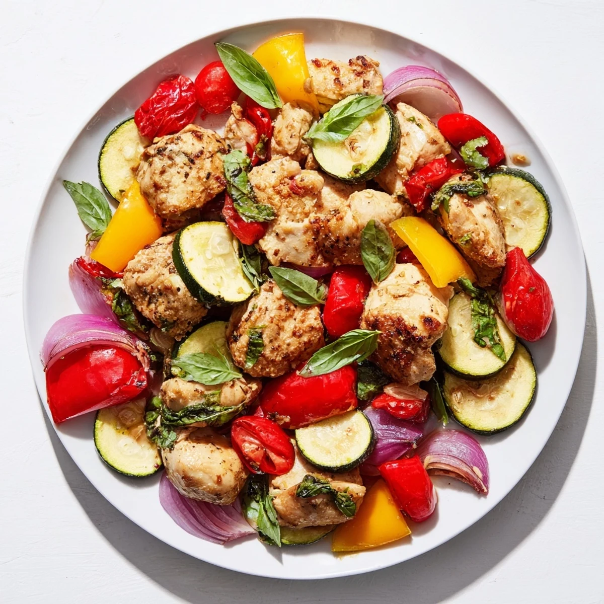 A sheet pan piled high with golden Basil-Soft Chicken and Veggie Dinner, fresh basil leaves provide fragrance.