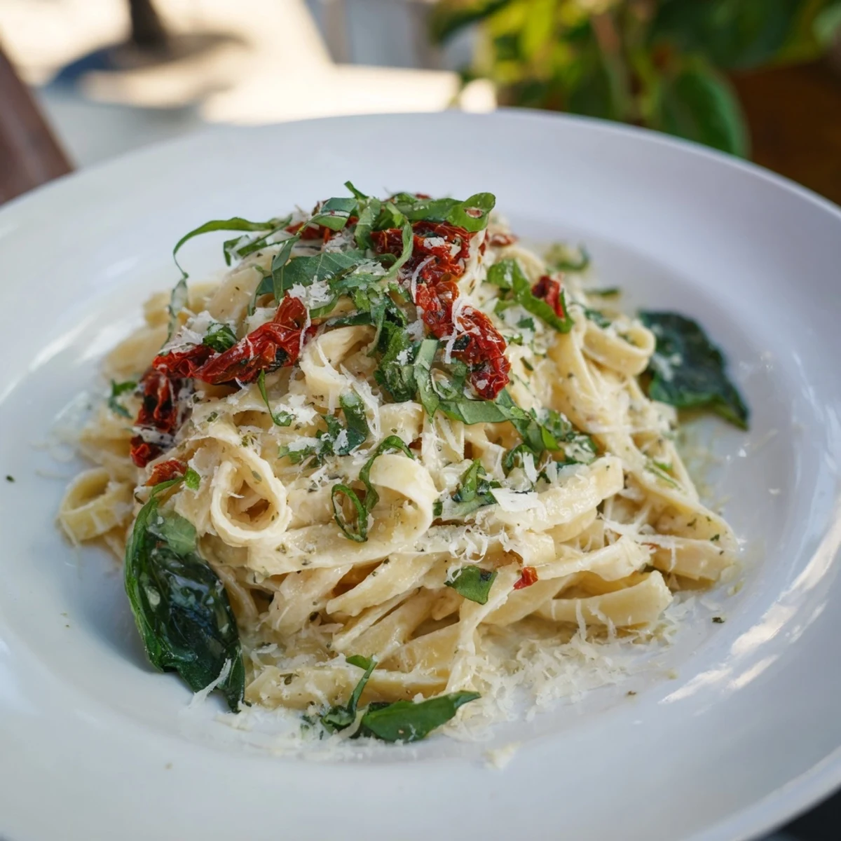 Golden-brown, creamy One-Pot Creamy Tuscan Garlic Herb Pasta with vibrant spinach and sun-dried tomatoes.