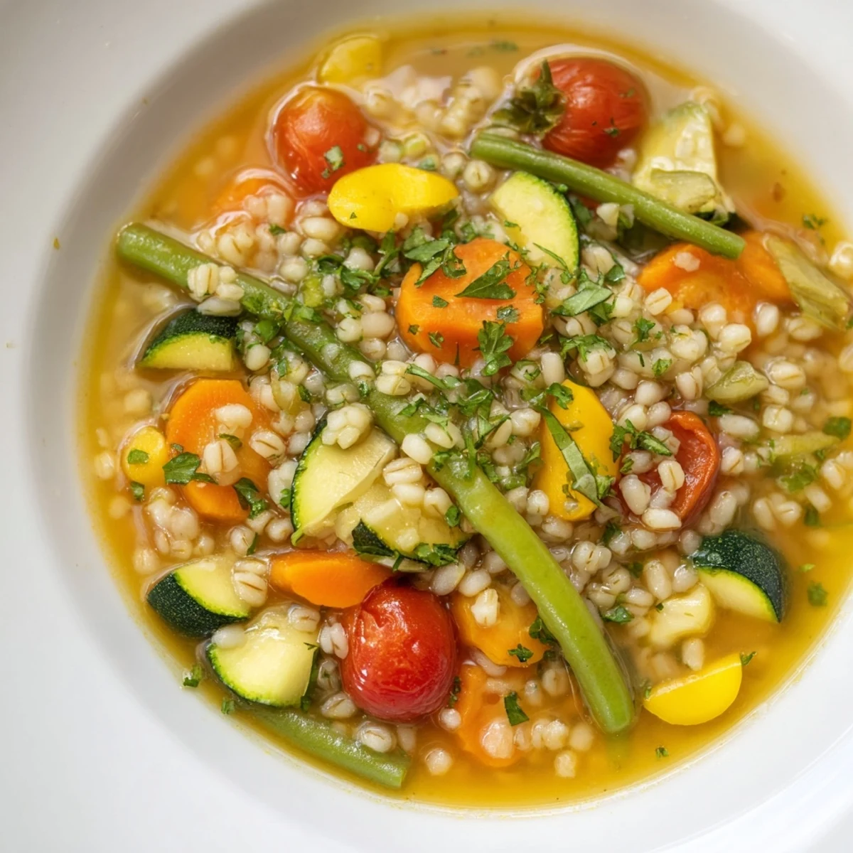 Aromatic, chunky Simple Homemade Grain and Vegetable Soup, ready for a comforting and healthy vegetarian meal.