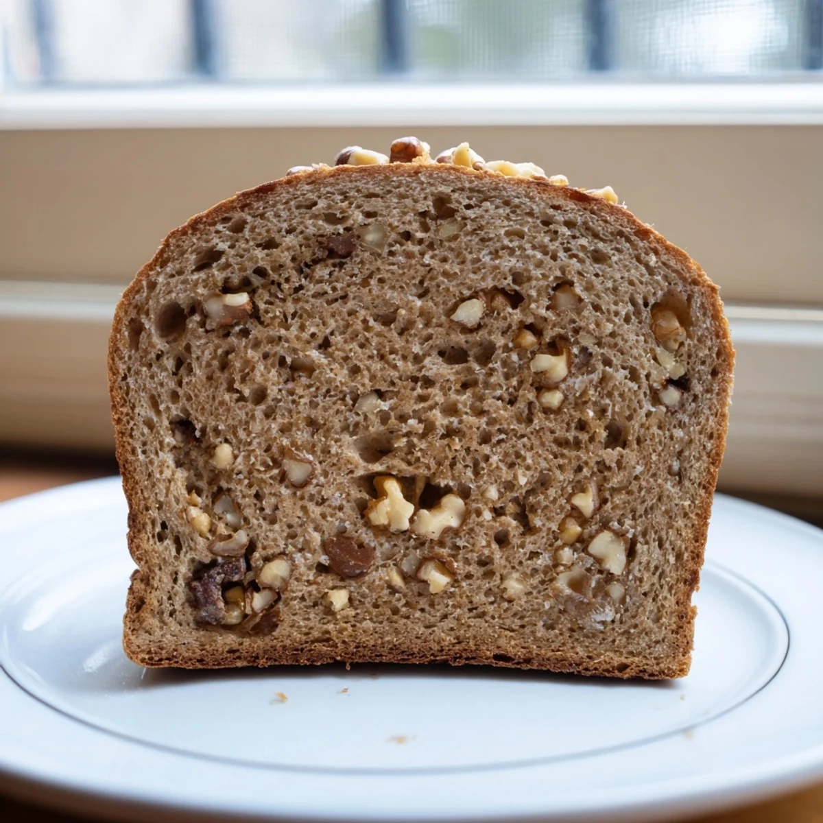 Golden-brown, freshly baked Nutty Whole Wheat Loaf Bread with visible nutty chunks, ready to cut.