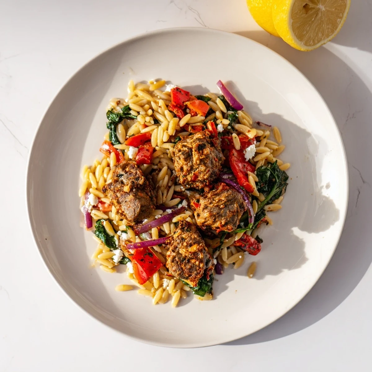This photo depicts a vibrant bowl of Smoky Mediterranean Lamb and Orzo Supper garnished with fresh herbs and feta.