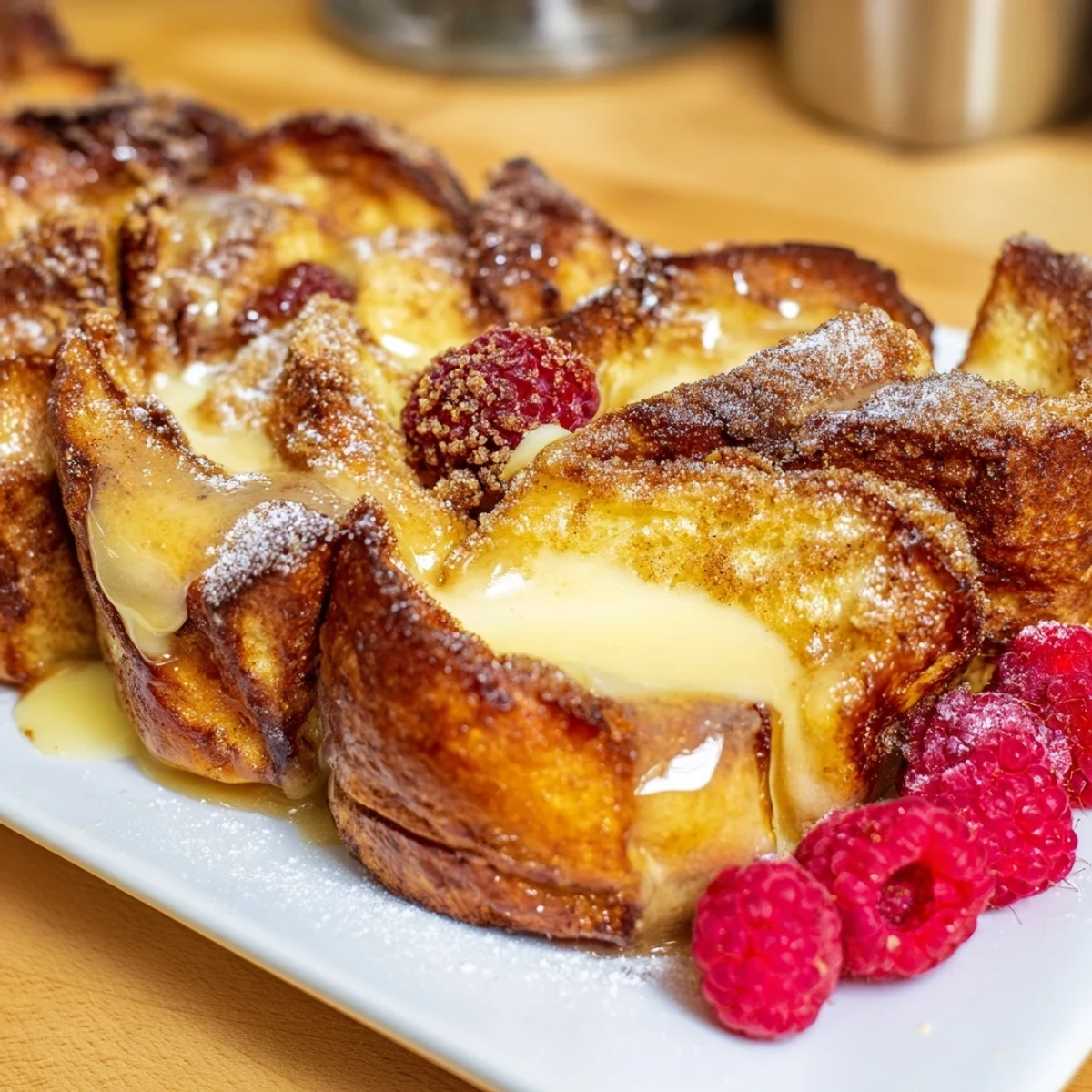 A close-up of a warm, custardy Soft Spice Baked French Toast Casserole, glistening and fragrant from the oven.