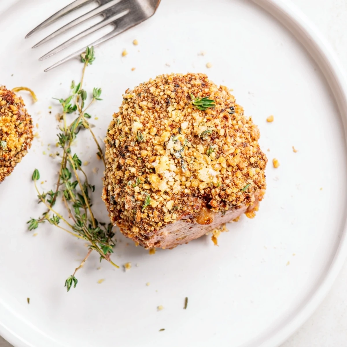Golden-brown thyme and pecan crusted pork tenderloin, sliced and ready to serve with roasted vegetables.