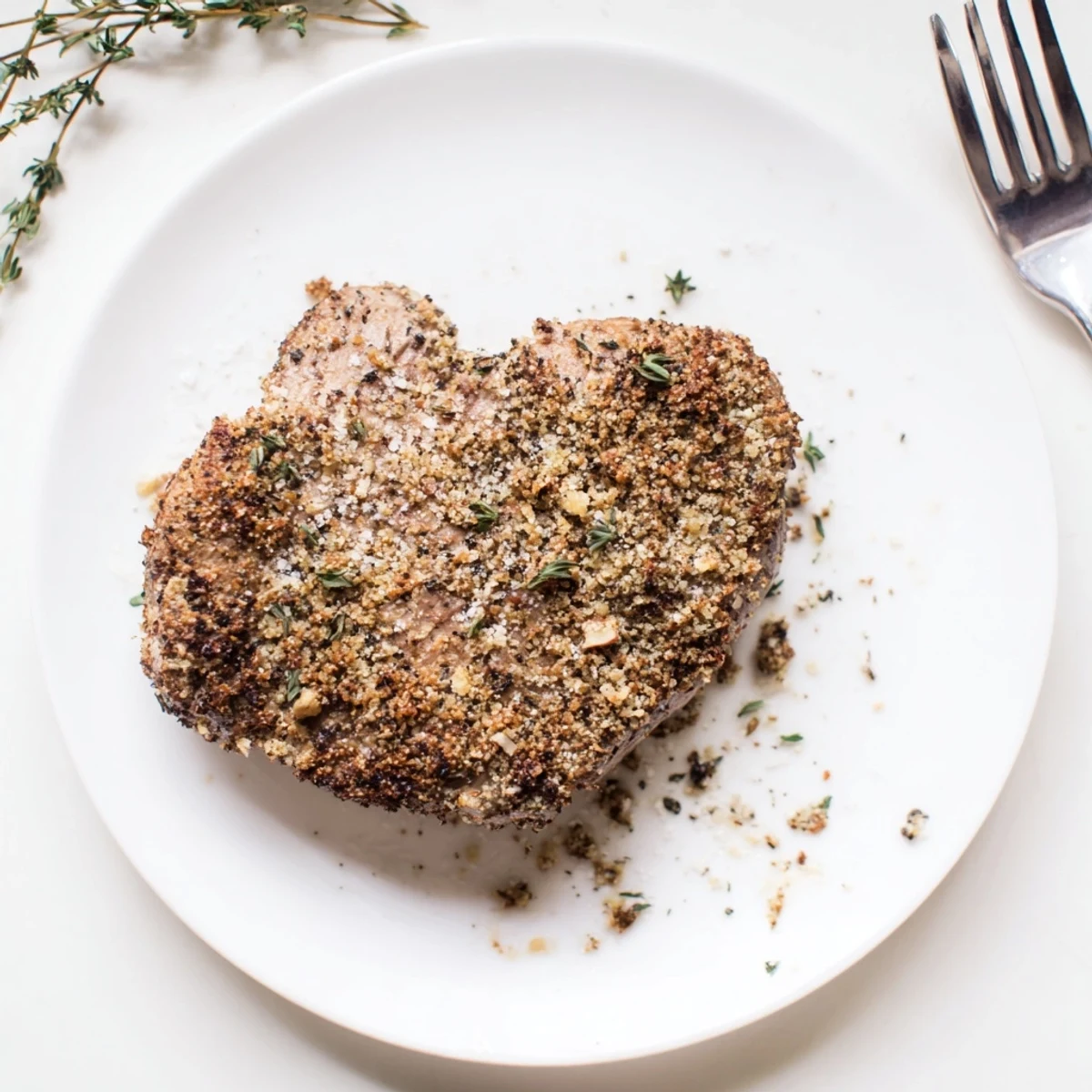 Juicy, pan-seared thyme and pecan crusted pork tenderloin, featuring a flavorful, crispy crust.