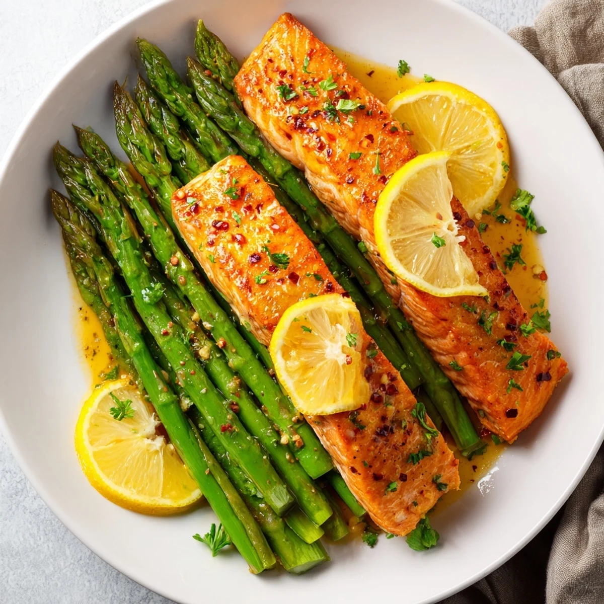 A close-up of seared Skillet Lemon-Butter Salmon with perfectly cooked asparagus, ready to be enjoyed.