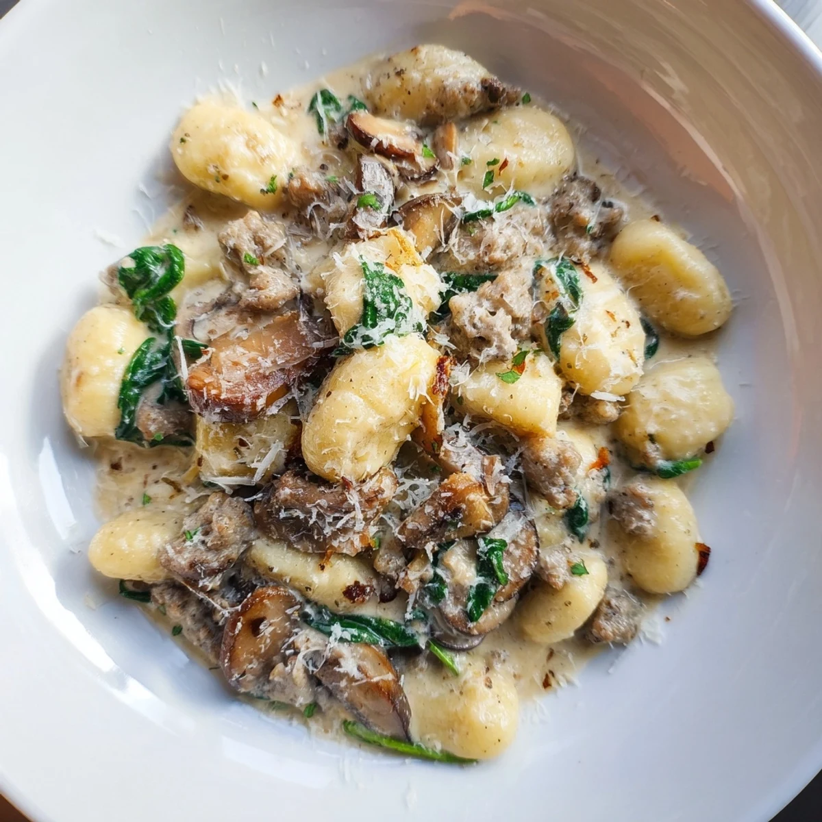 Sizzling Woodsy Skillet Sausage and Mushroom Gnocchi, a creamy, savory skillet meal perfect for chilly nights.