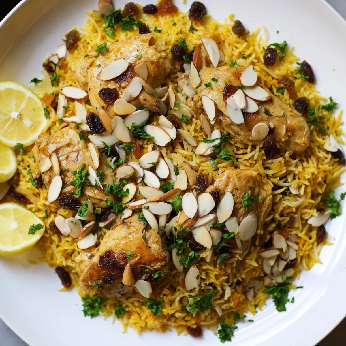 Golden saffron Chicken and Rice Pilaf with fluffy rice, tender chicken, and toasted almond garnish.