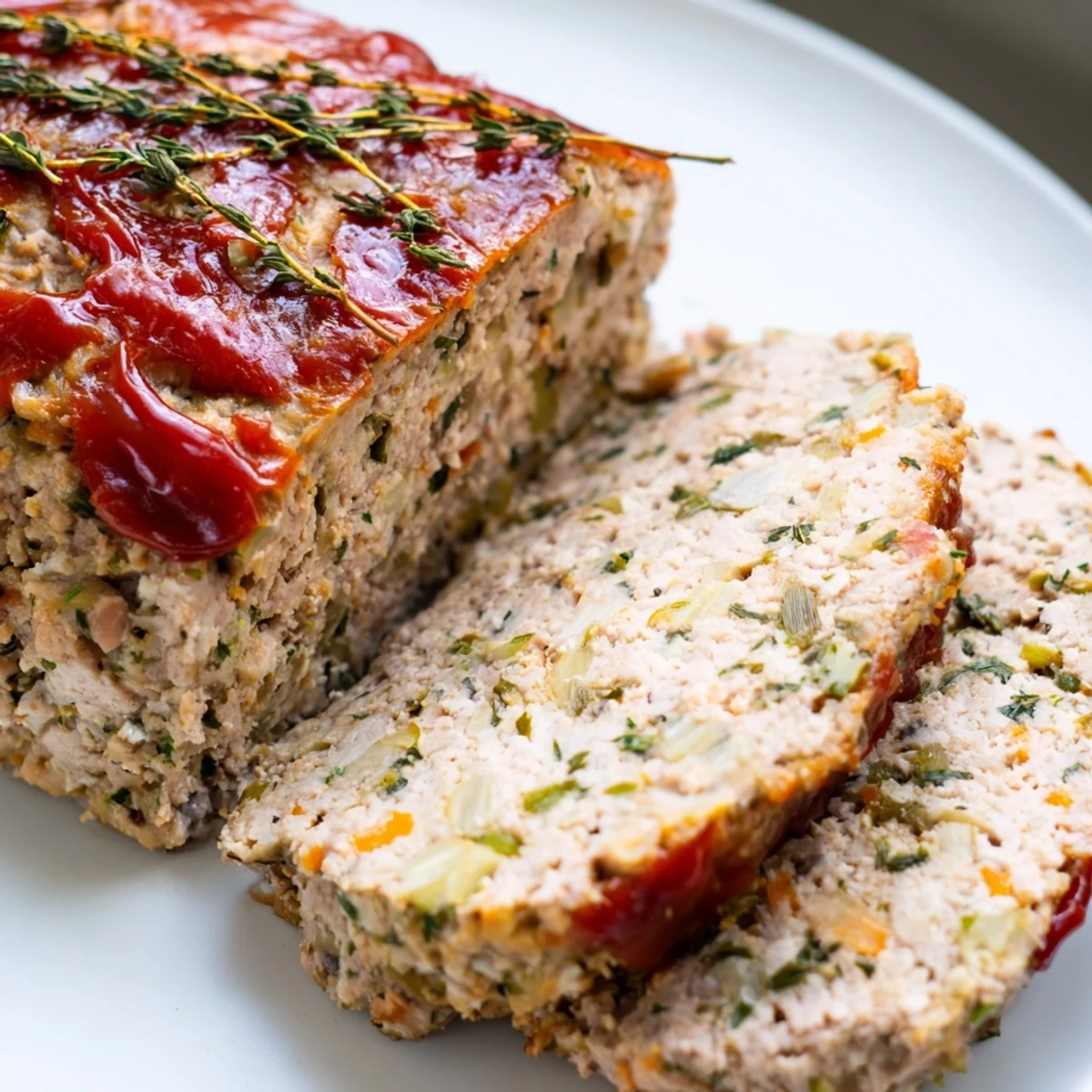 A steaming, juicy slice of Everyday Herb-Sprigged Turkey Meatloaf with a glistening, sweet glaze.