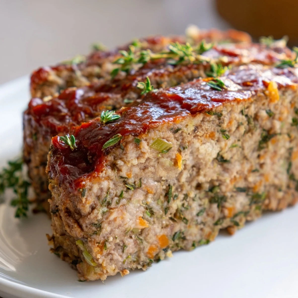 Savory Everyday Herb-Sprigged Turkey Meatloaf, baked in a loaf pan, ready for slicing and serving.