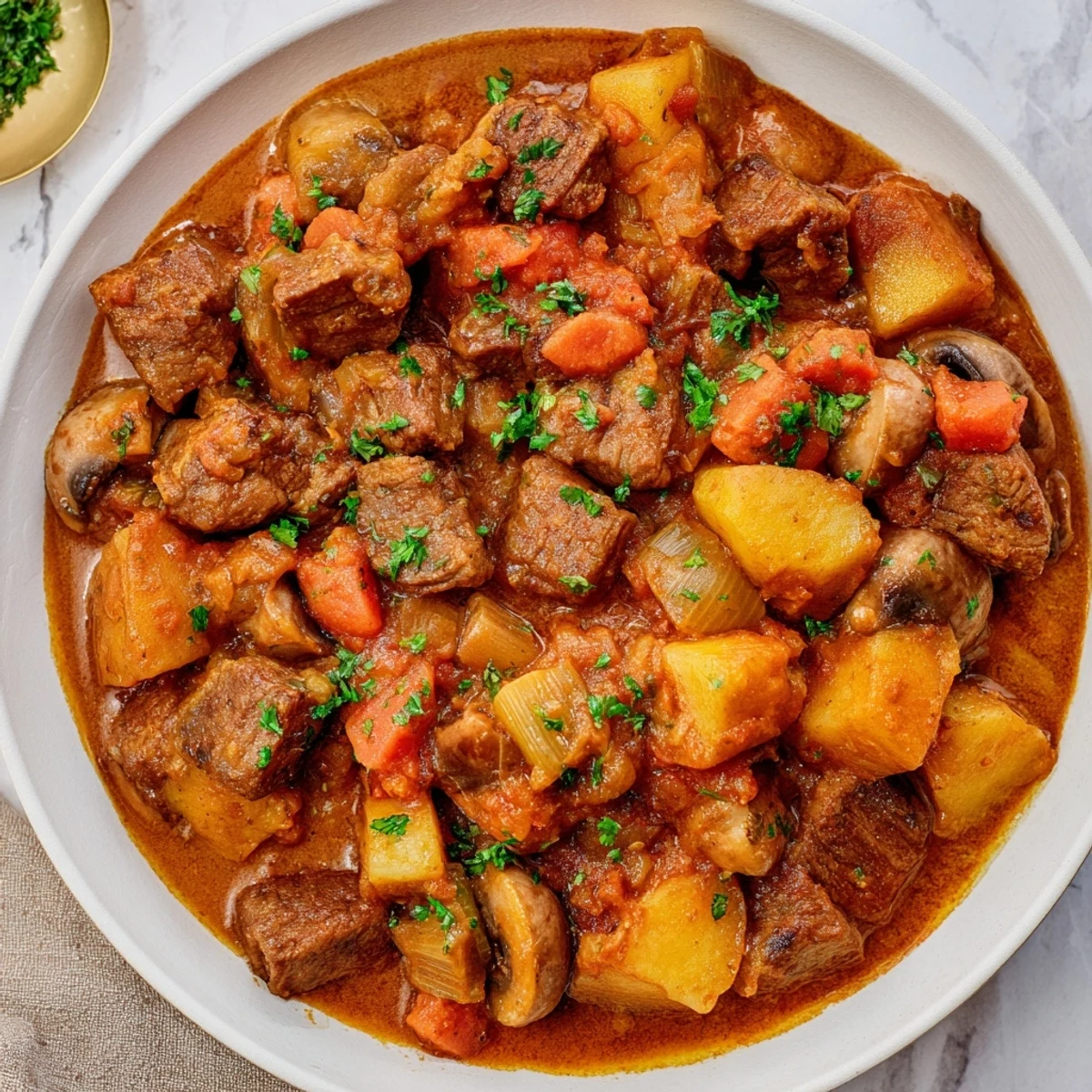 Steaming bowl of earthy beef stew, perfectly paired with a thick slice of crusty homemade bread.