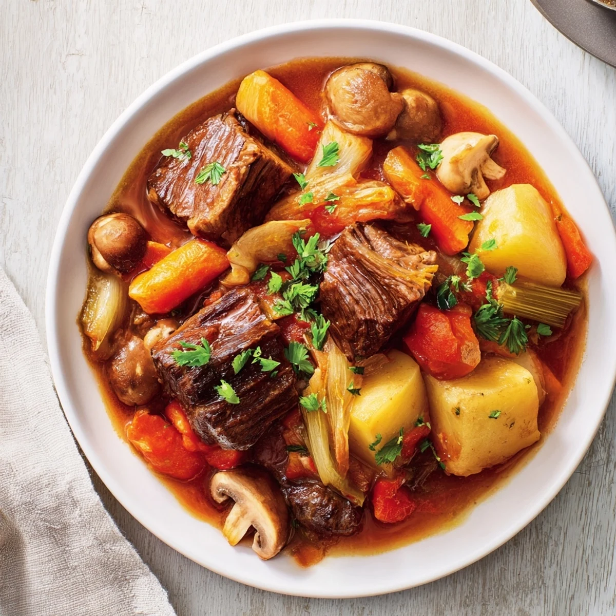 Golden-crusted homemade bread alongside a rich and savory earthy beef stew, ready to enjoy.