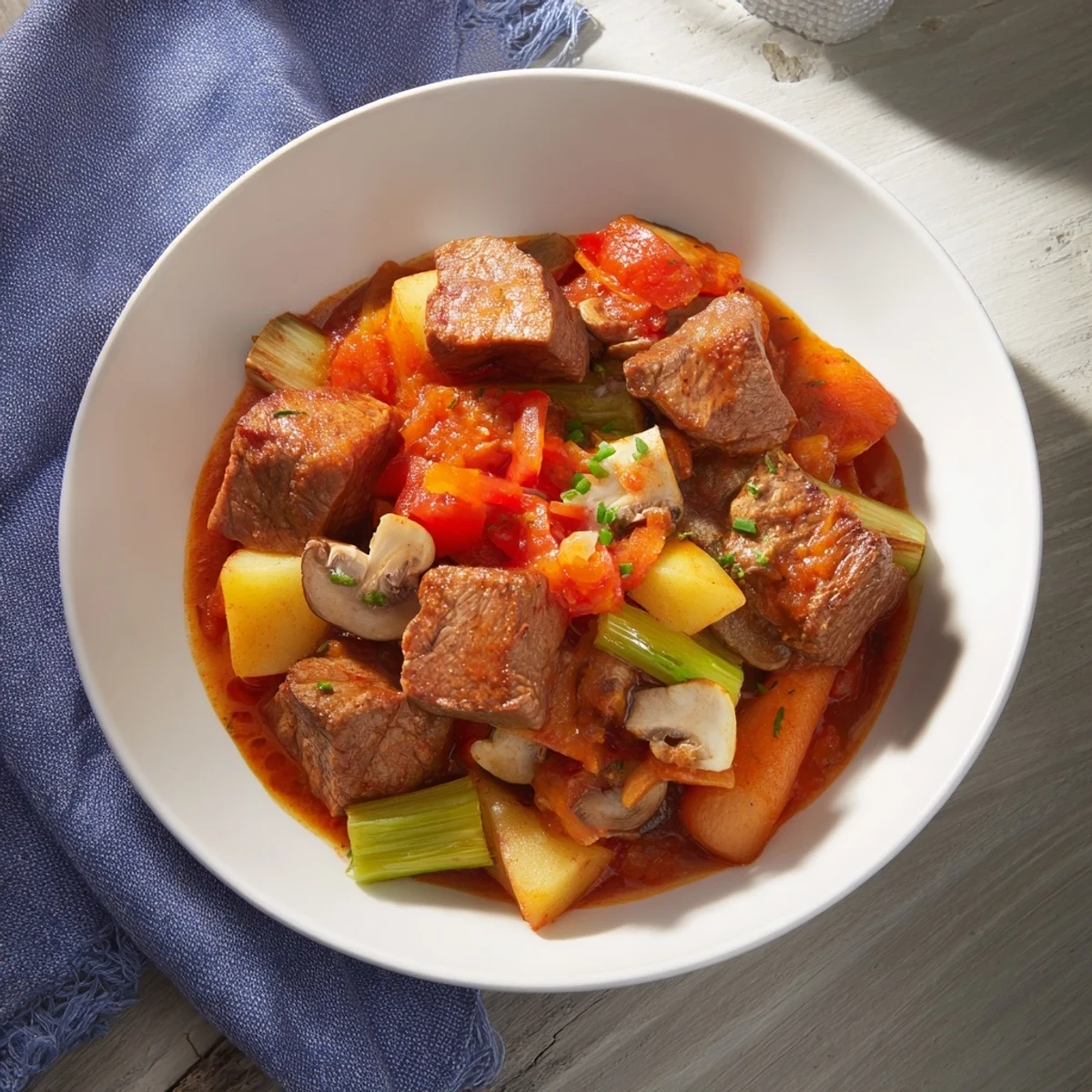 Hearty earthy beef stew with tender vegetables and crusty homemade bread, a comforting meal.