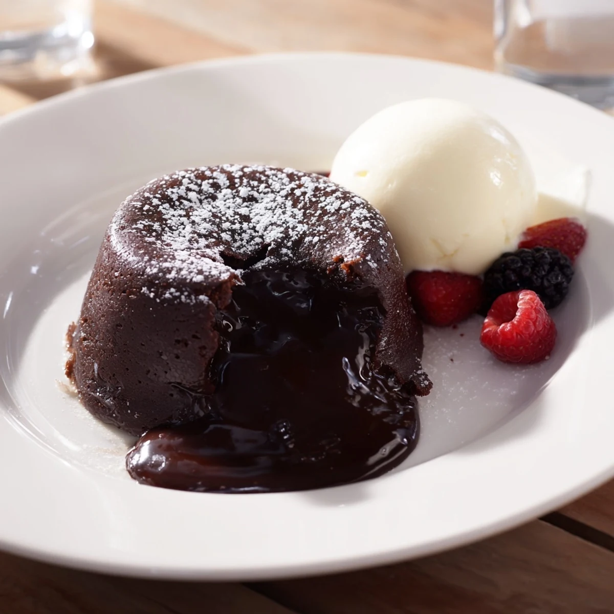 Dark chocolate lava cakes bursting with warm, molten chocolate, a perfect dessert served with ice cream.