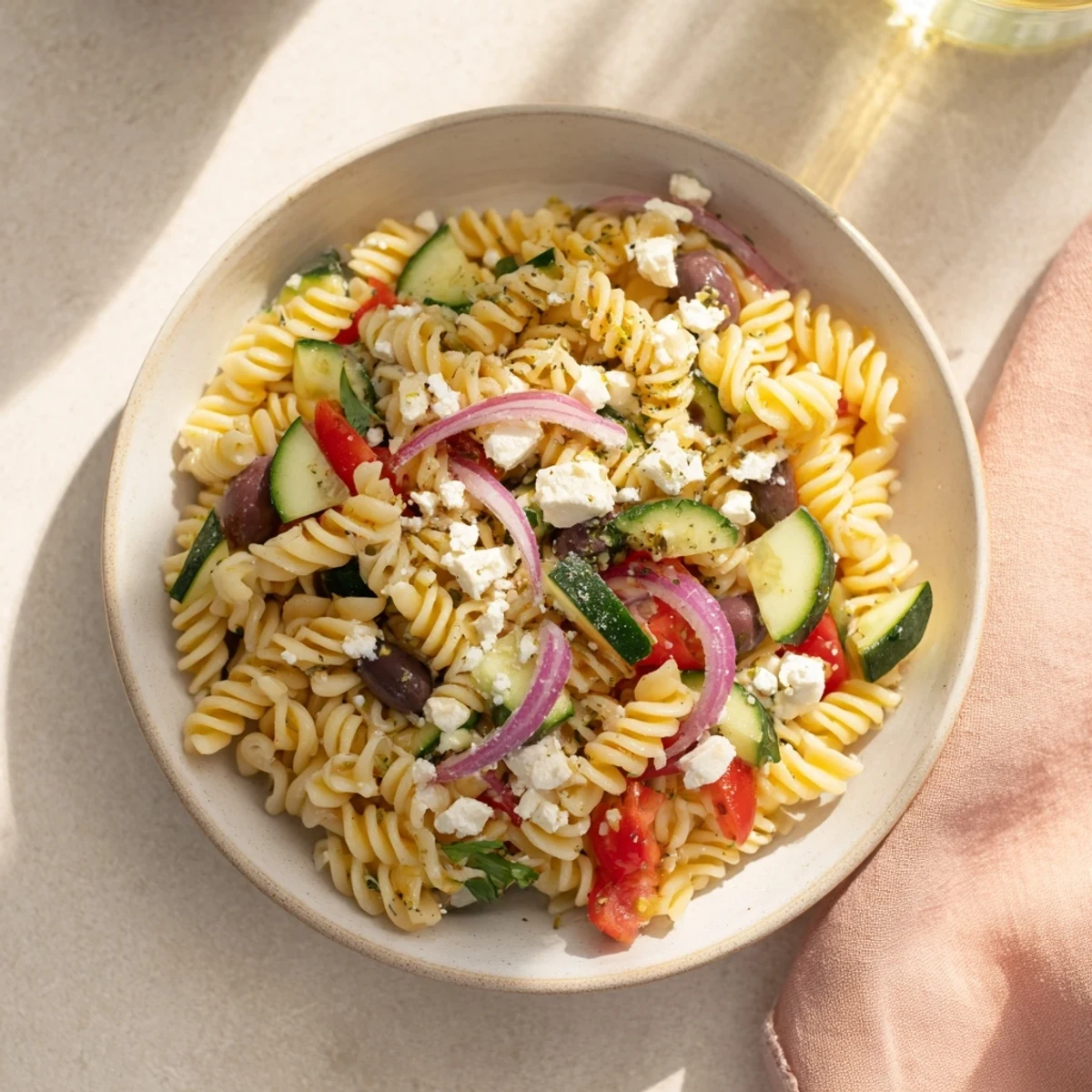 Mediterranean Olive Oil and Feta Pasta Salad, a colorful bowl with fresh vegetables and creamy feta.