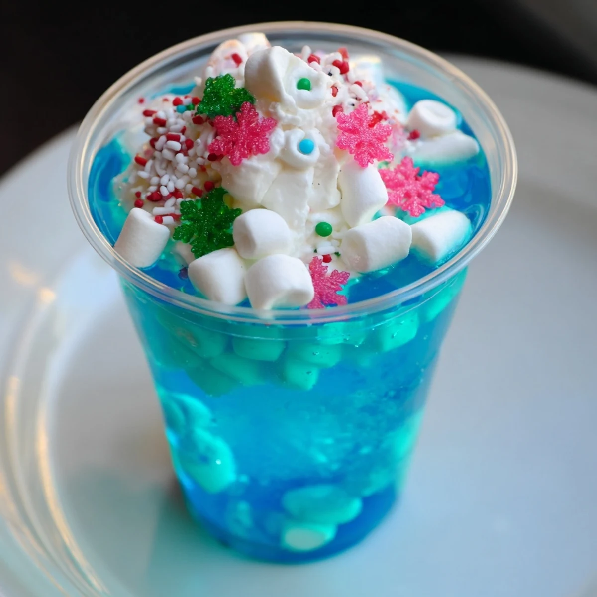 Enjoy these flavorful snow globe Jello cups, a beautiful vegetarian dessert with colorful candy.