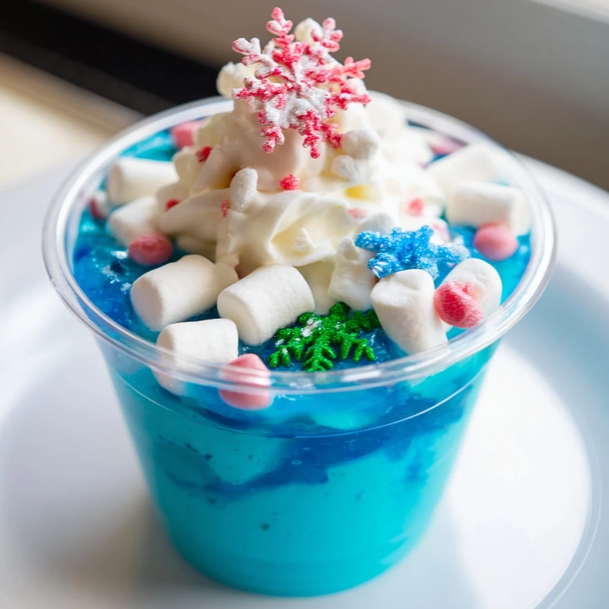 These chilled snow globe Jello cups, full of edible sparkles, are a fun treat for kids.