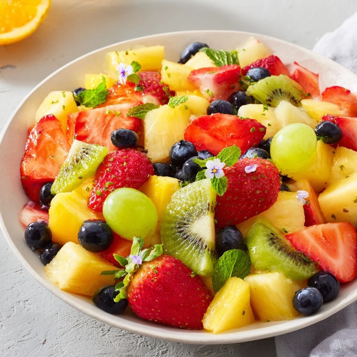 Festive Bow Fruit Medley: A colorful and refreshing summer fruit salad artfully arranged for a visual treat.