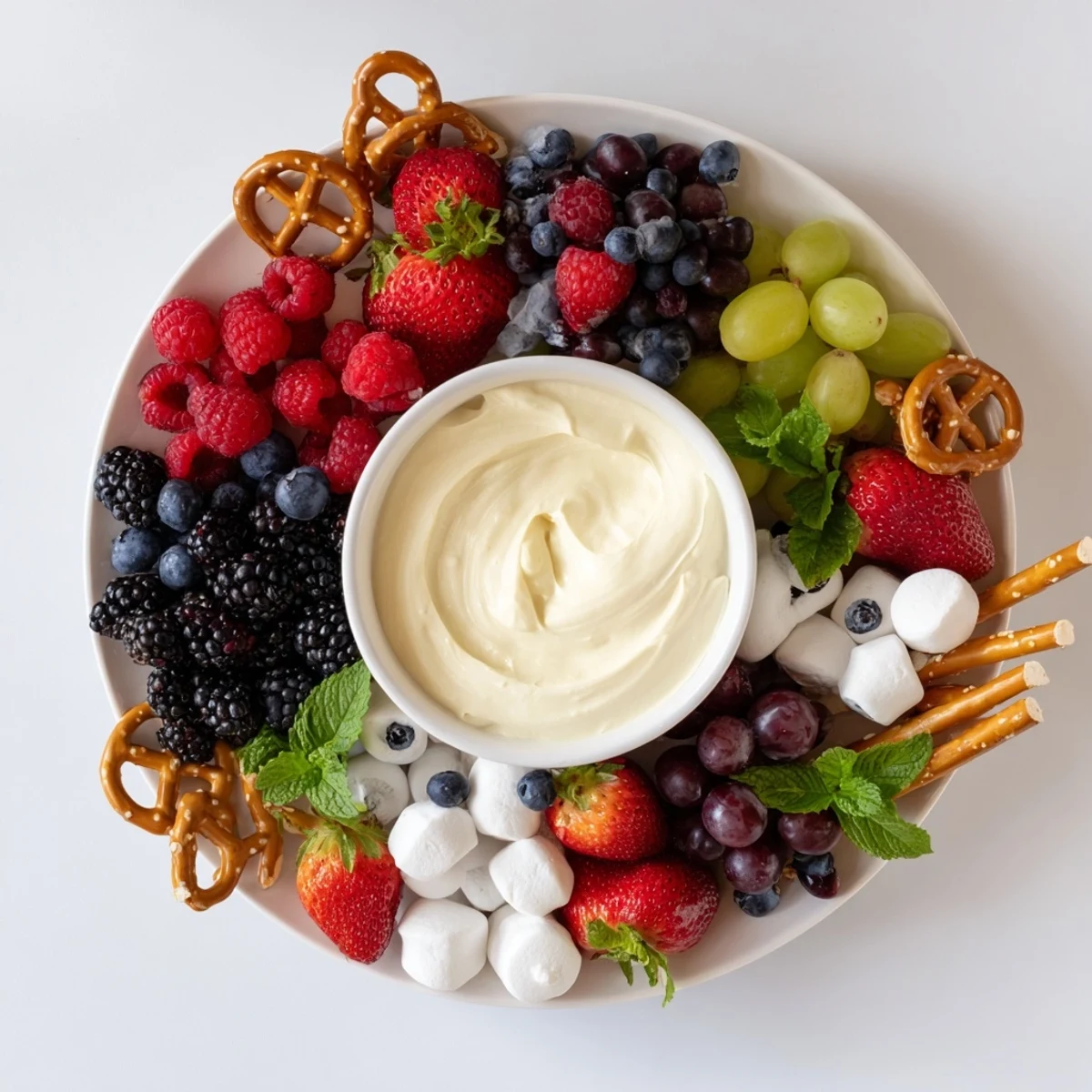 Mistletoe Kiss Berry Dip Board: a colorful holiday dessert with fresh berries and creamy dip, ready to serve.