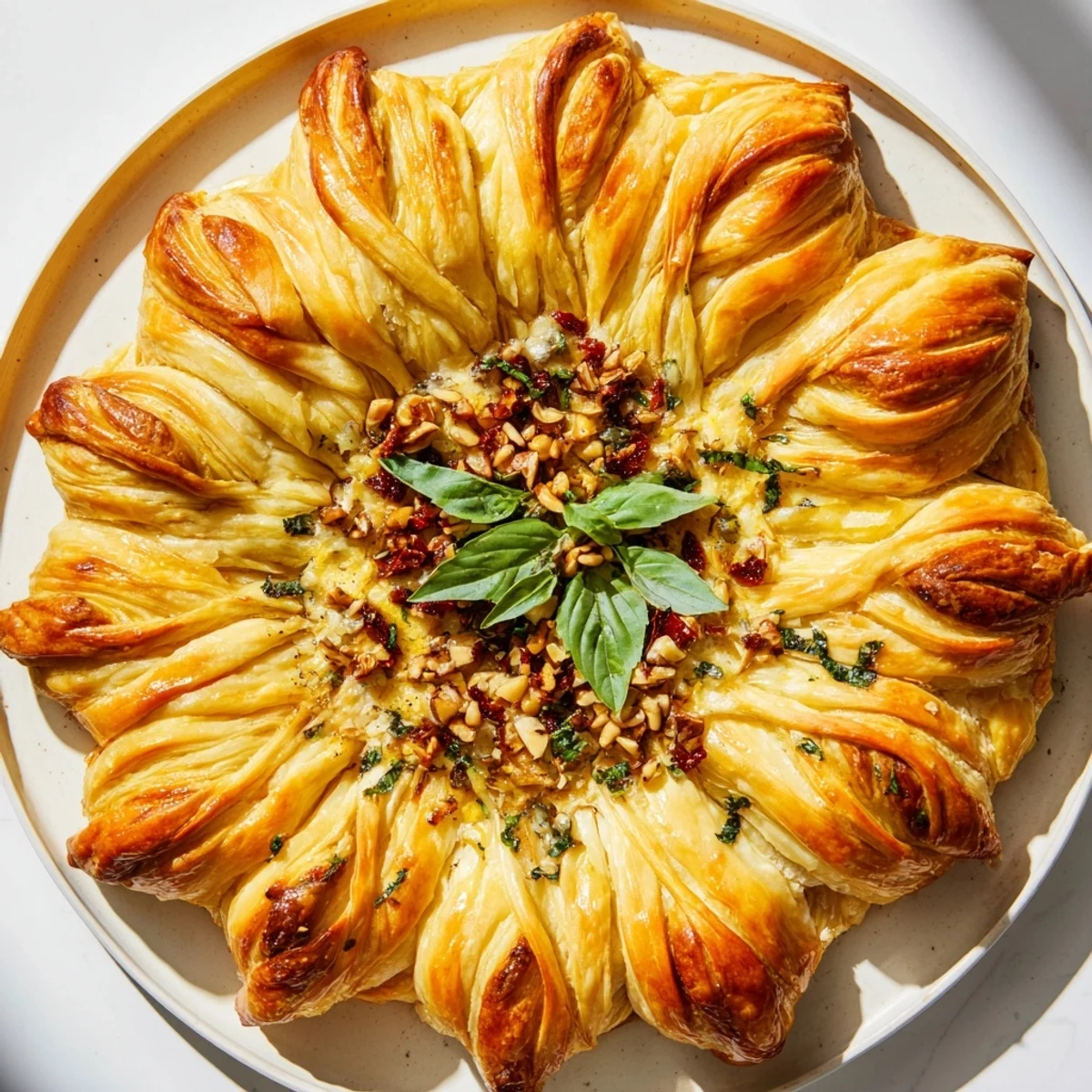 Elegant view of a festive Poinsettia Puff Pastry Appetizer, boasting a beautiful, golden-brown crust.