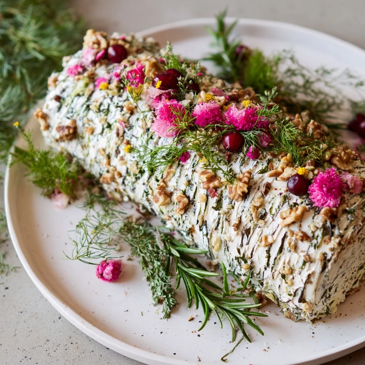 Festive Yuletide Log Cheese Centerpiece, a creamy, savory log with edible "bark" and Christmas greenery.