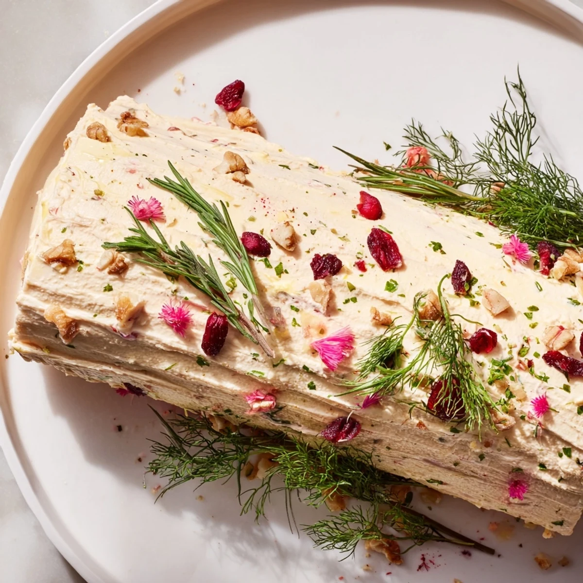 A decadent Yuletide Log Cheese Centerpiece, beautifully decorated with herbs, nuts and berries, ready to serve this holiday.