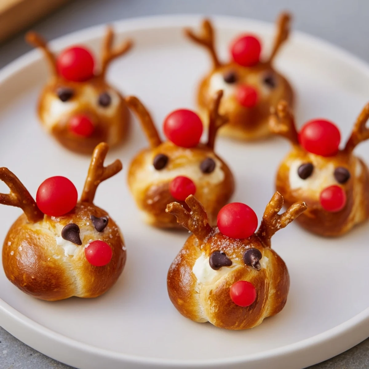 Festive Rudolfs Red Nose pretzel bites offer creamy cheese, a red nose, and pretzel antlers on a baking sheet.