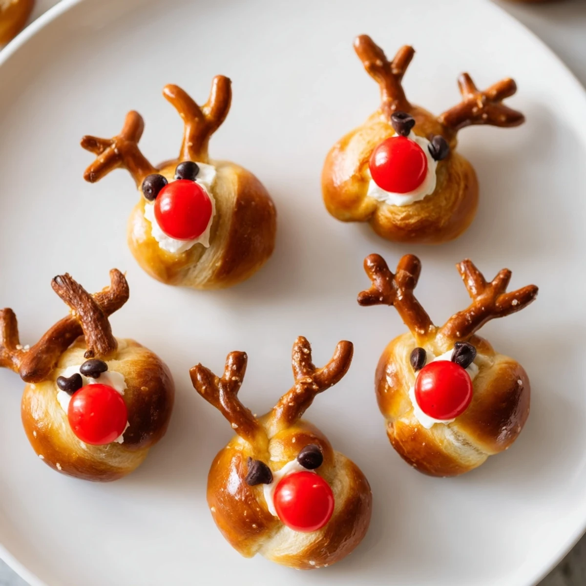 Warm and savory Rudolfs Red Nose pretzel bites: soft pretzel dough with a melty cheese center and a red candy nose.