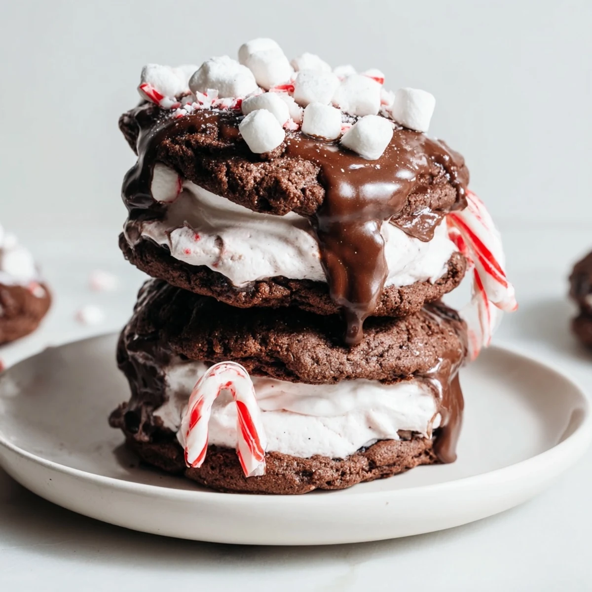 Warm, inviting image of a stacked hot cocoa mug cookie creation with a snowy marshmallow topping.
