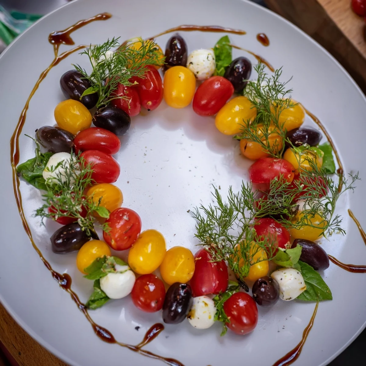 Beautiful Appetizer Wreath ring featuring olives, mozzarella and basil, a perfect dish for holidays.