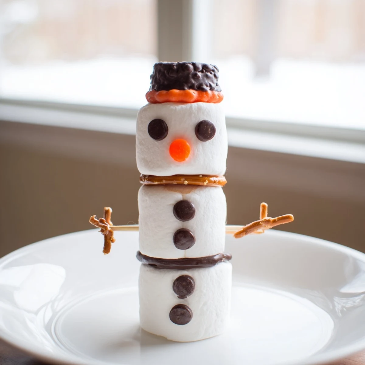 See these fun Marshmallow Snowman Stick creations: three marshmallows on a stick make a sweet dessert.