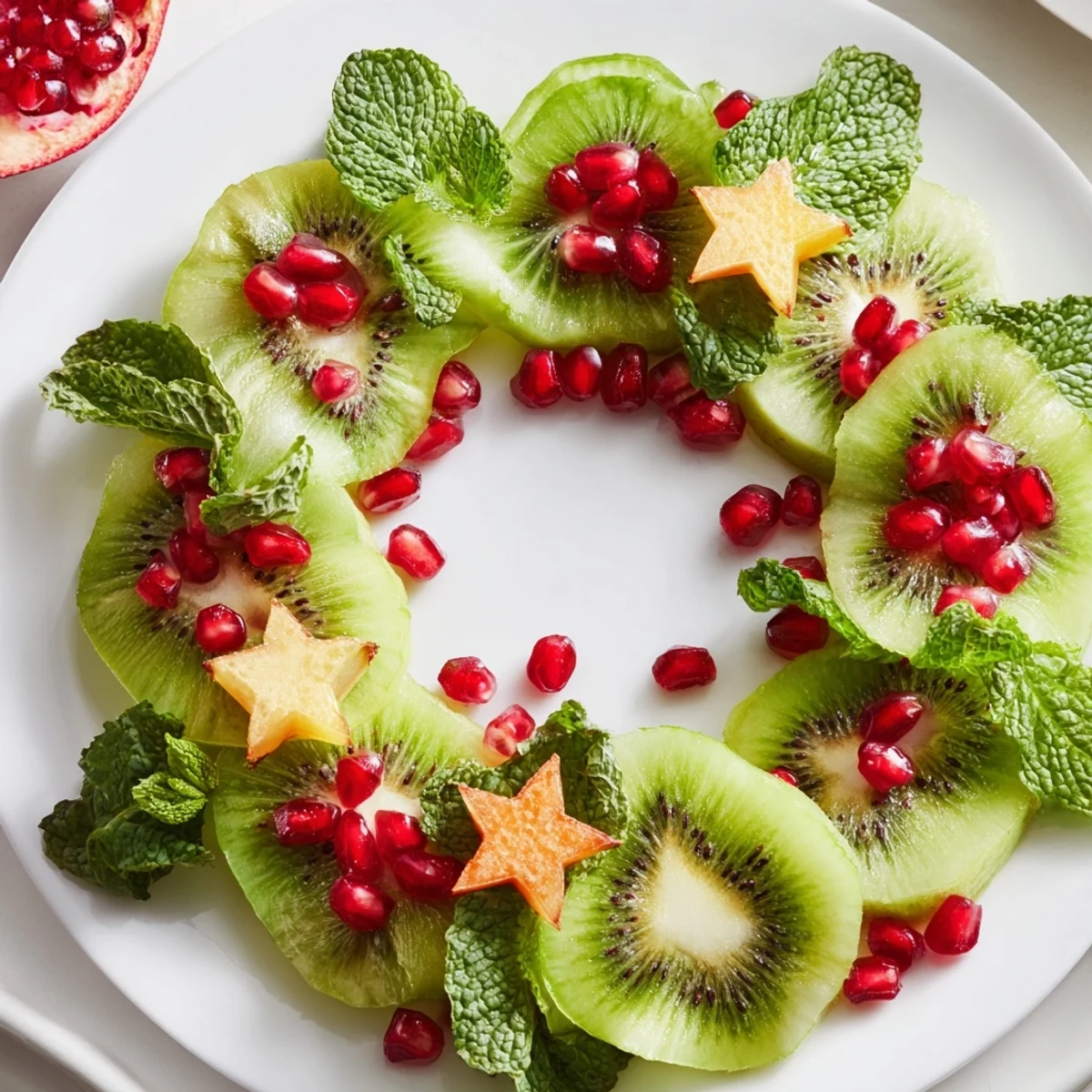 A colorful Christmas wreath fruit plate, featuring kiwi and pomegranate, makes a delicious vegan dessert.