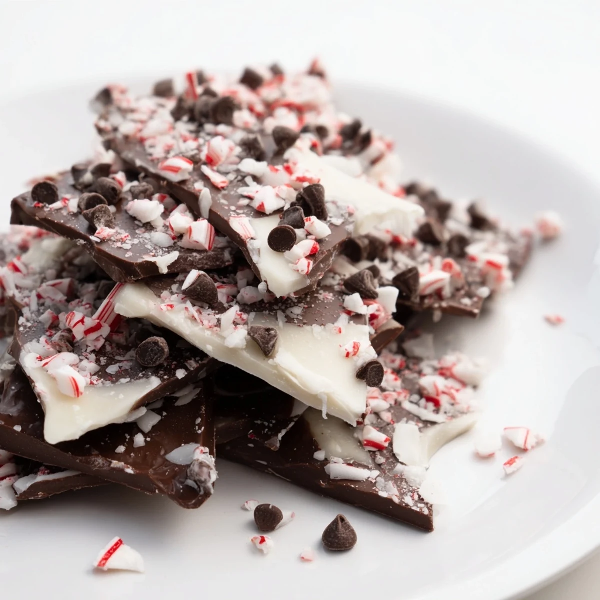 Close-up of freshly broken Peppermint Bark shards, loaded with crushed peppermint candies and chocolate.