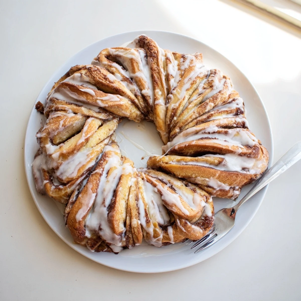 This delicious cinnamon roll pull-apart wreath features soft dough, swirled cinnamon, and sweet vanilla glaze.