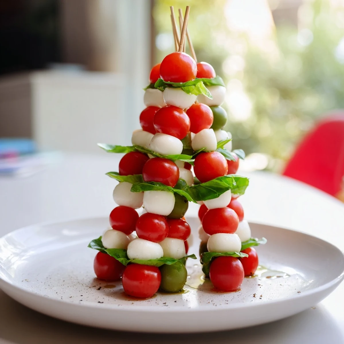 Festive Red and Green Caprese Skewer Tree, showcasing juicy tomatoes, mozzarella, and fresh basil for holiday appetizers.
